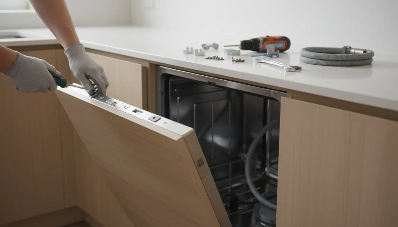 Nærbillede af montering af indbygget opvaskemaskine, hvor låge fastgøres med skruetrækker i et moderne køkken.