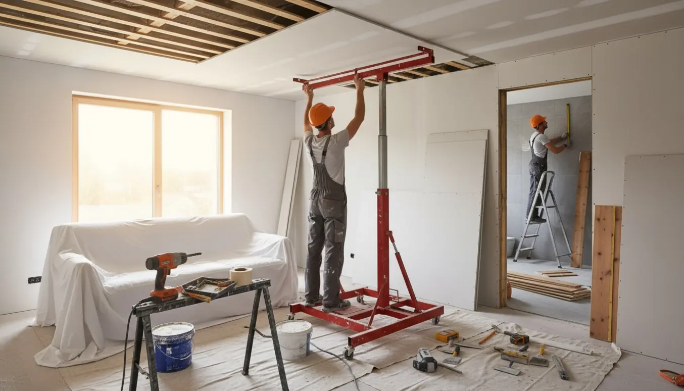 Stue og badeværelse under gipsloftsrenovering med gipsplader, værktøj og håndværkere uden synlige ansigter.