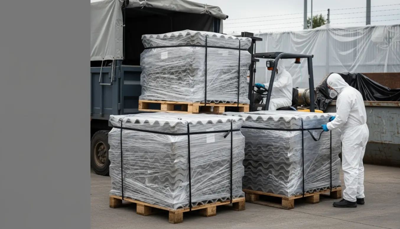 Paller med asbestholdige eternitplader indpakket i plast og klar til sikker bortskaffelse med arbejdere i beskyttelsesdragter.