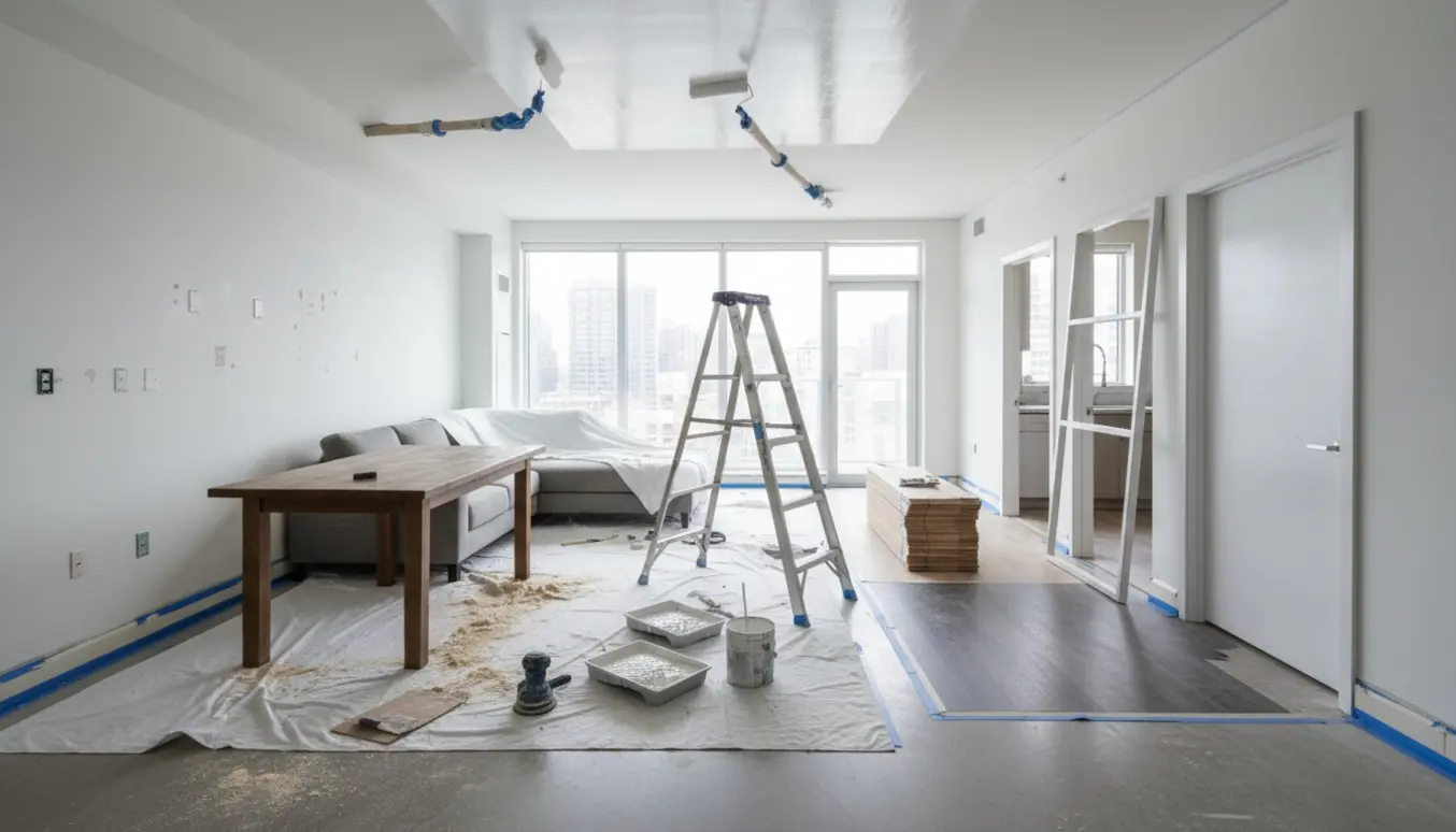 Møbleret lejlighed under renovering med malerarbejde, slibede trædetaljer og døre klar til maling.