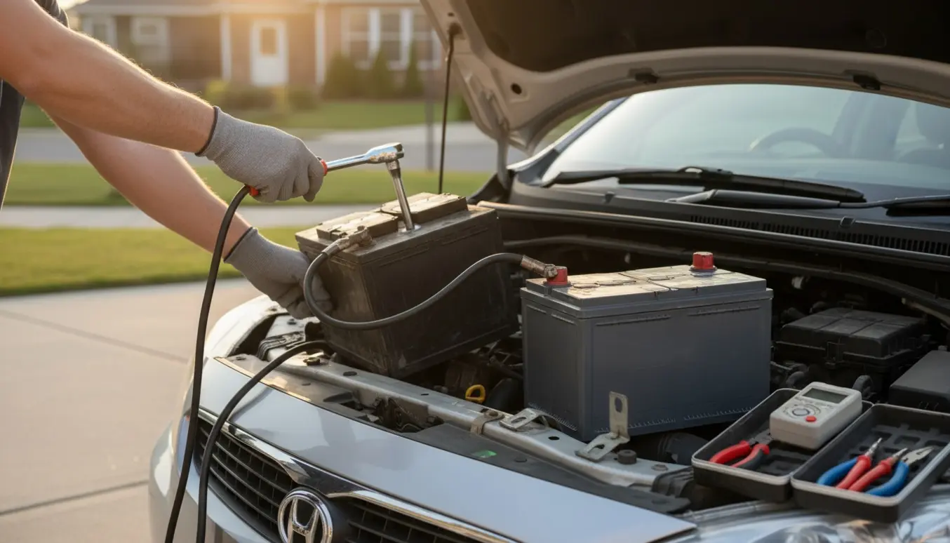 Nærbillede af handskerede hænder, der skifter et bilbatteri under en åben bilhjelm i sollys.