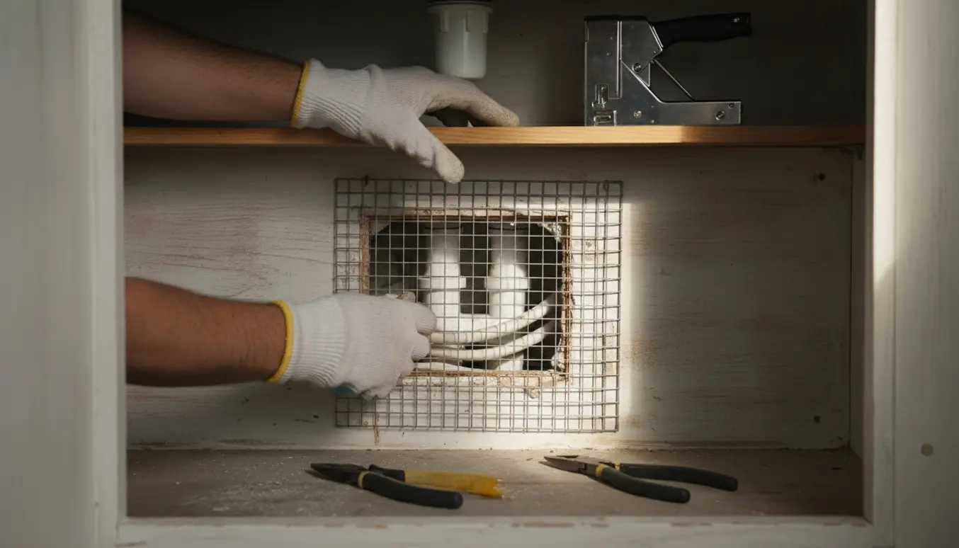 Hænder monterer fint trådnet over hul i bagvæggen på et køkkenvaskeskab omkring rør og ledninger.