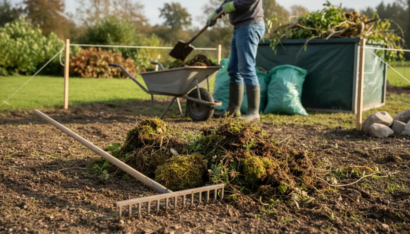 En person rydder mos og planter fra en byggemodnet grund med rive, spade, trillebør og haveaffald i en container.