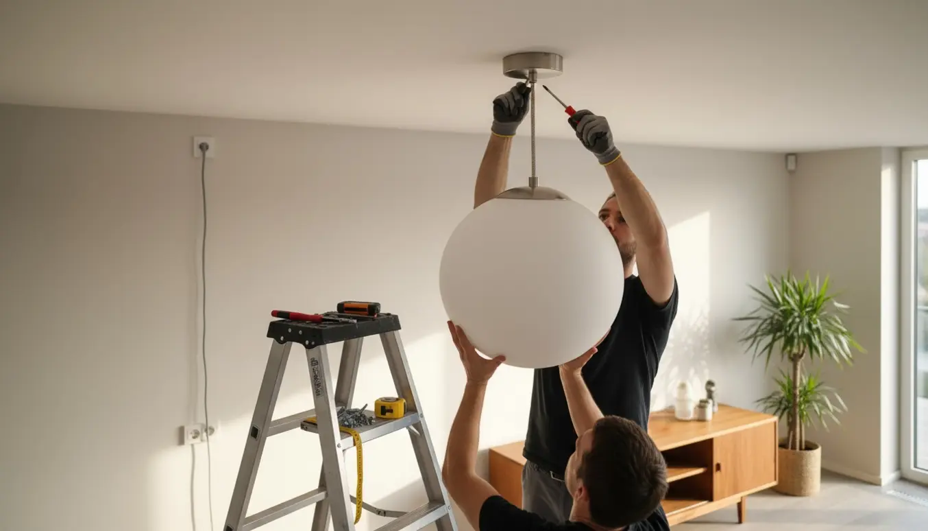 En tung 60 cm pendellampe monteres fra en stige i en lys stue med hænder og værktøj i fokus.