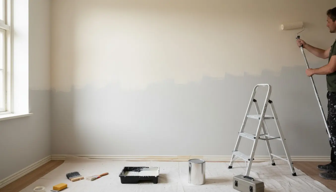 En maler ruller kalkmaling på en glat indvendig væg i naturligt dagslys med afdækningsdug og malerudstyr ved siden af.