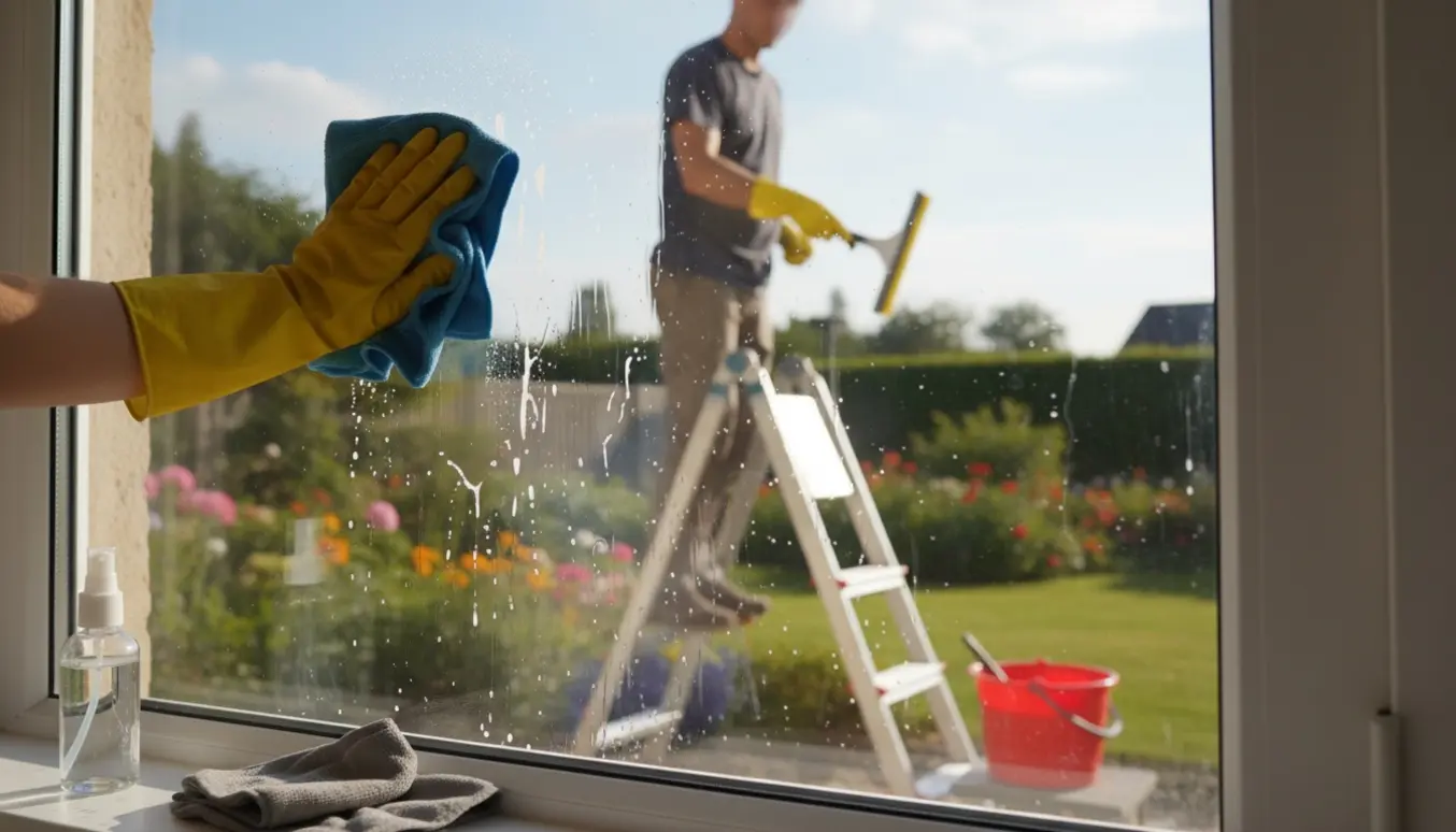 Vinduespudser bruger stige, spand, klud og skraber til at rengøre vinduet indvendigt og udvendigt.