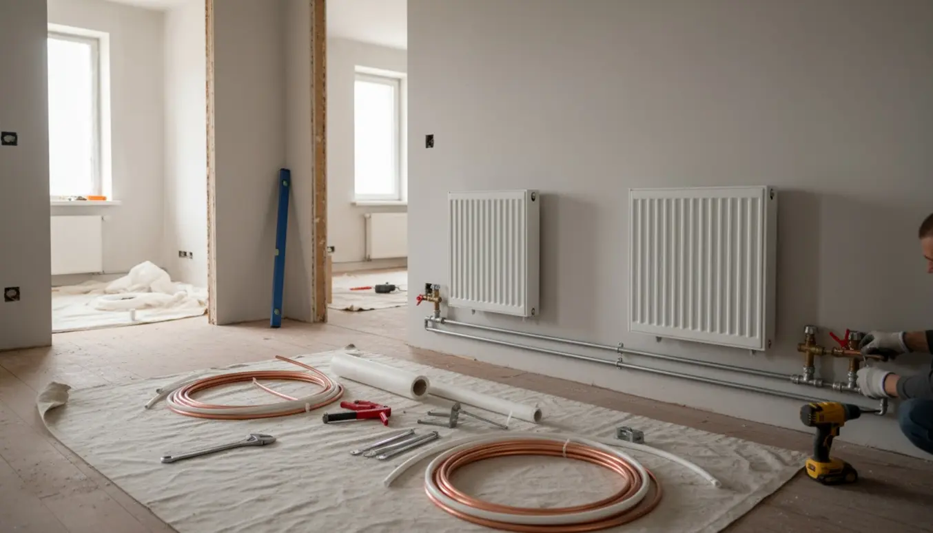 Tre tilstødende værelser under renovering med nye radiatorer, synlige rør og værktøj klar til montering.