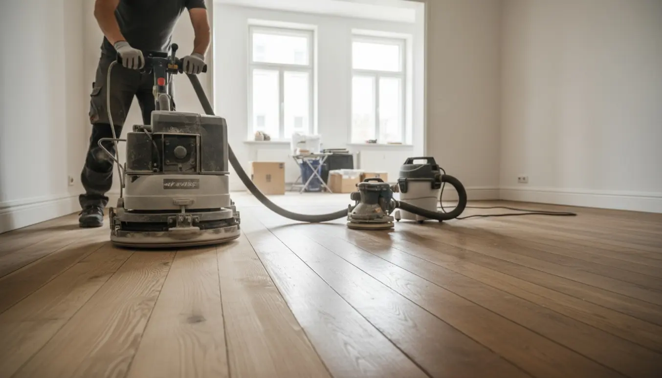 En hånd fører en gulvsliber over et delvist slebet trægulv i en lys toværelses lejlighed.