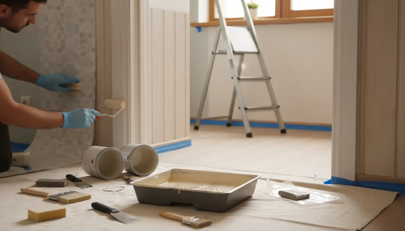 Interiørfoto af malerarbejde med pensel i dørkarm, rulle i malerbøtte og en lille væg med ny tapetstrimmel.