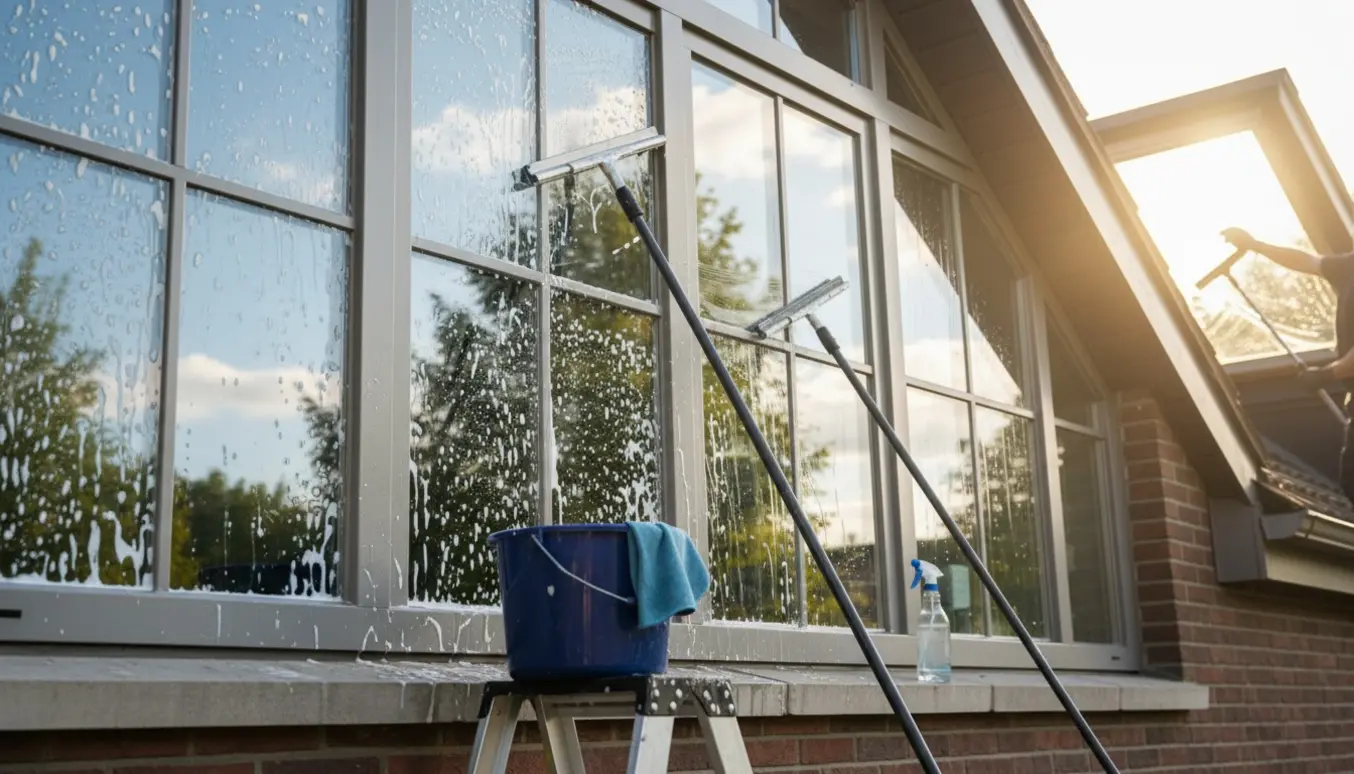 Glaslignende seks-delte koblede vinduer og en Velux-tagvindue rengøres med svaber og klud, uden ansigter synlige.
