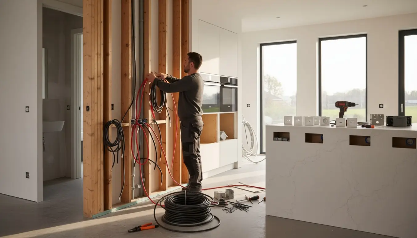 Elektriker trækker nye kabler og forbereder stikkontakter i et lyst, åbent køkken-alrum.