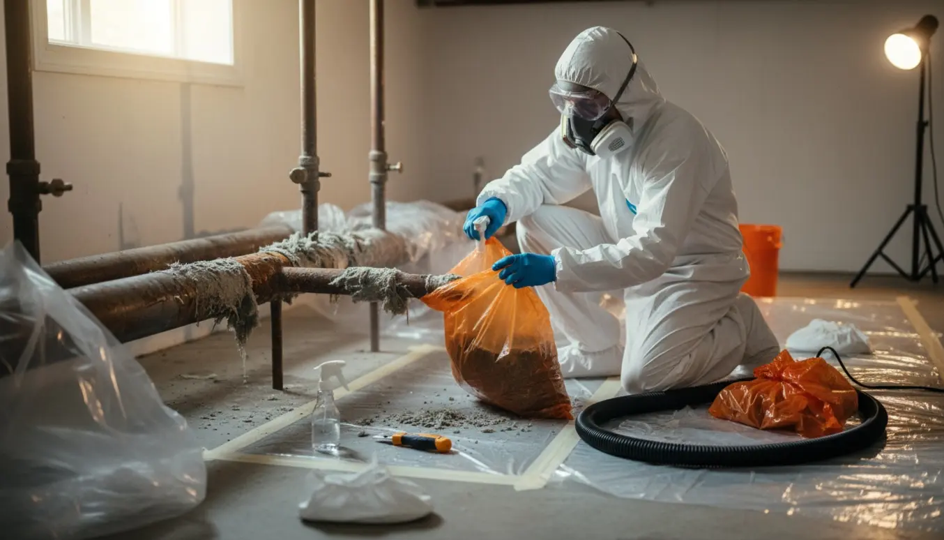 Tekniker i beskyttelsesdragt pakker asbestisolation fra vandrør ned i forseglede sække i en kælder.