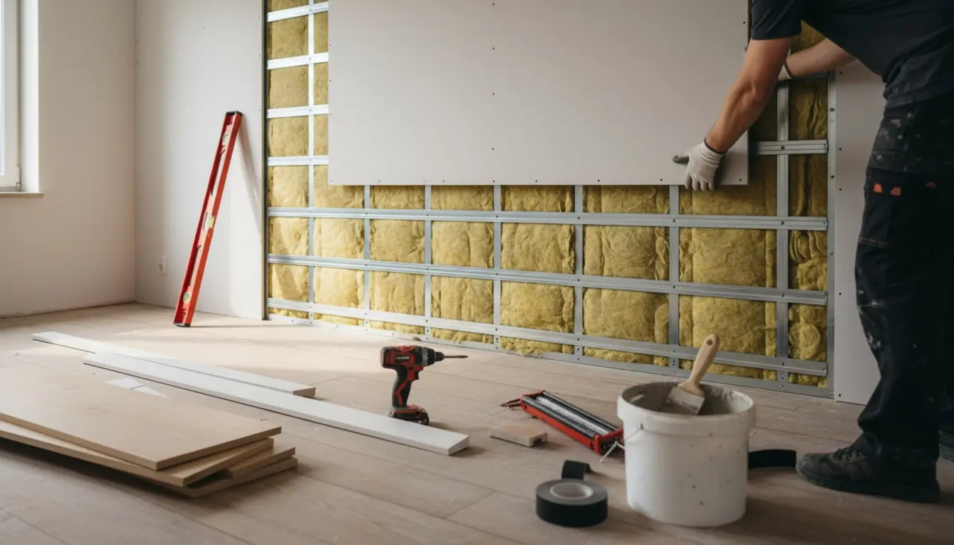 Montering af lydisolerende forsatsvæg med isolering, plader og værktøj i et lyst renoveringsrum.