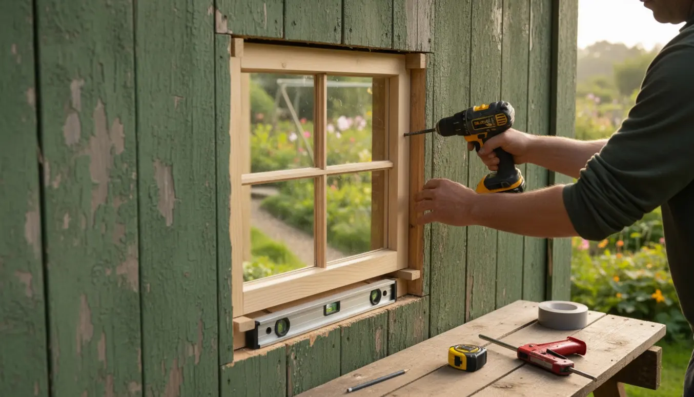 Hænder isætter et lille vindue i en trævæg på et kolonihavehus med værktøj på en bænk.