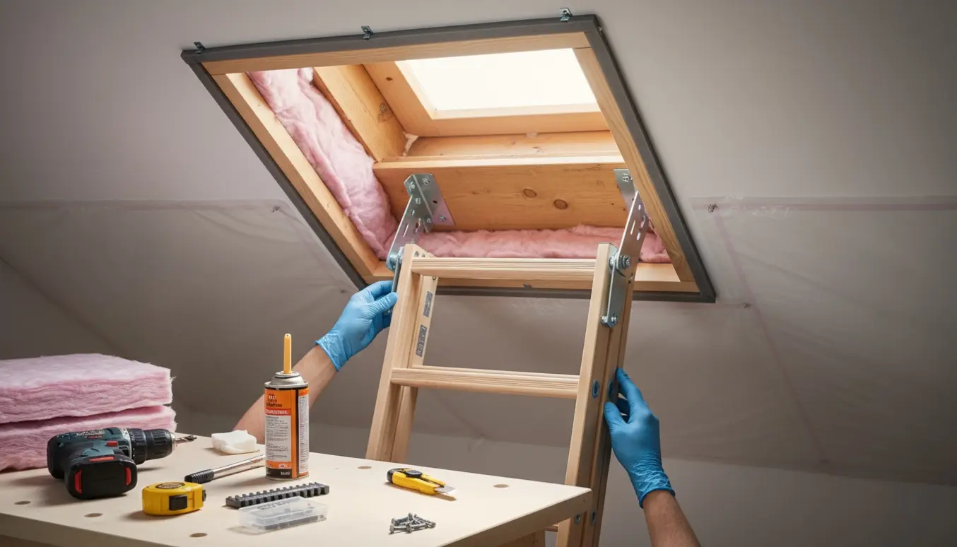 Åben loftlem med udfoldet loftstige og korrekt monteret isolering omkring åbningen.