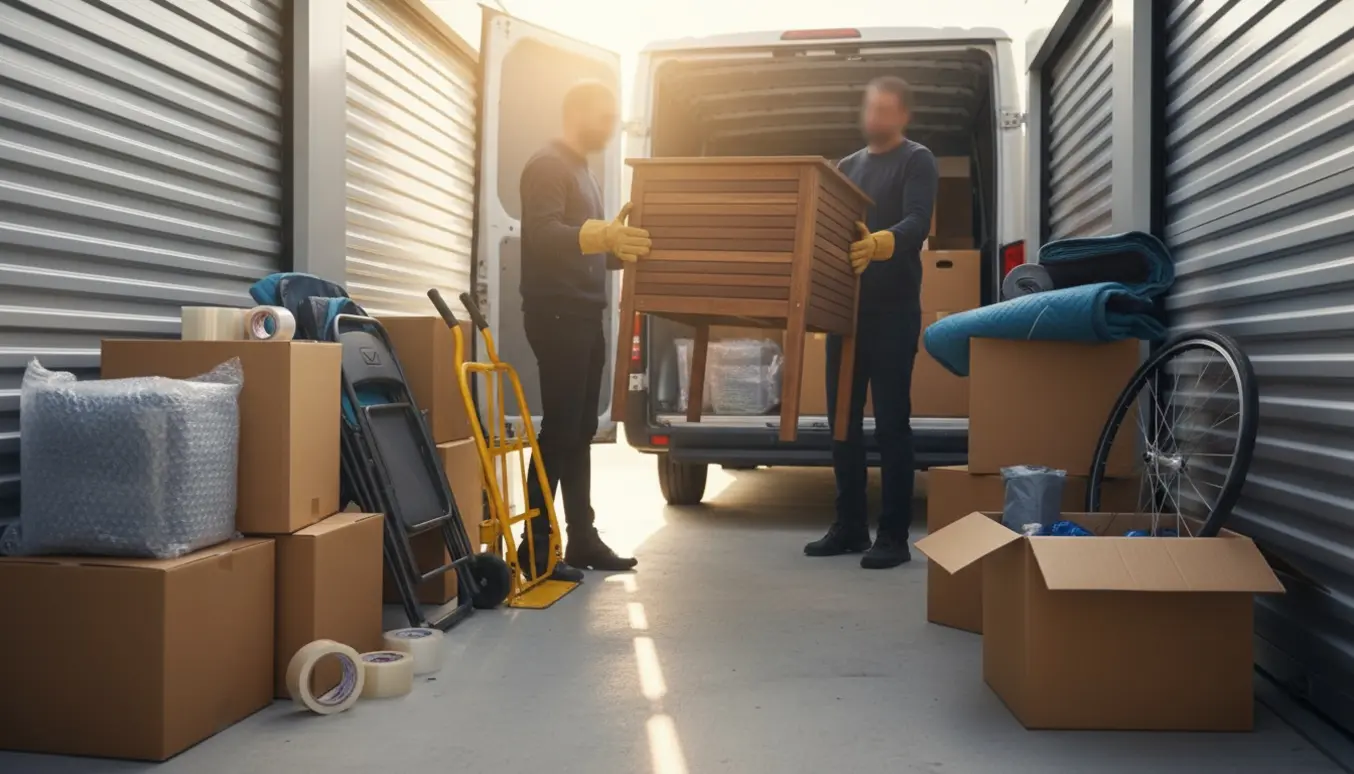 Åben opbevaringsboks med to personer, der løfter et havebord ind i en flyttebil omgivet af flyttekasser og udstyr.