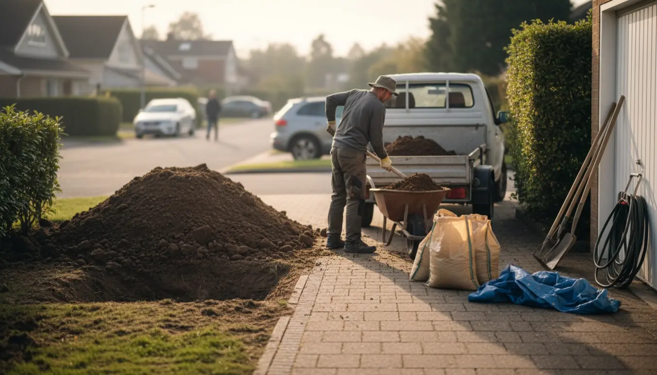 Person set bagfra læsser udgravet jord i trailer på indkørsel tæt ved vejen.