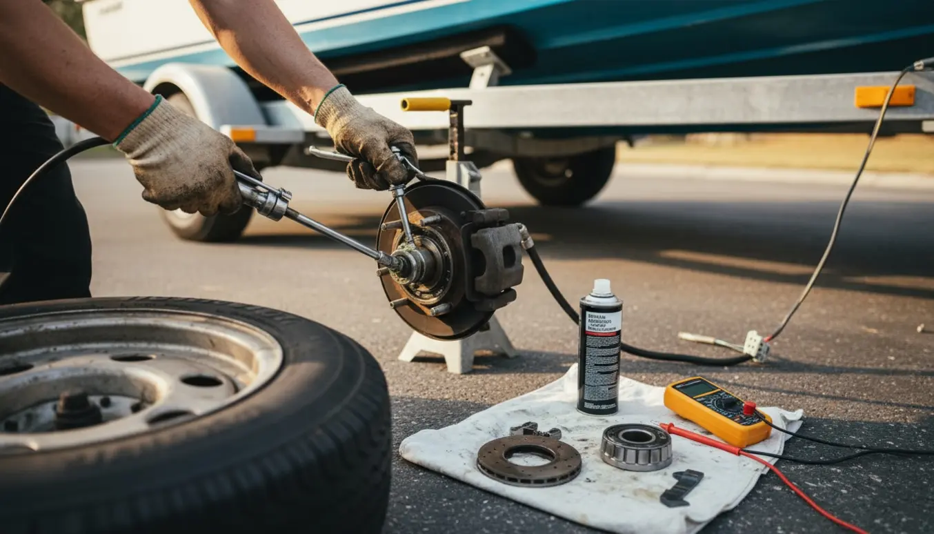 Nærbillede af bådtrailer med fjernet hjul, hænder smører akselleje og kontrollerer bremser og lygteledninger.