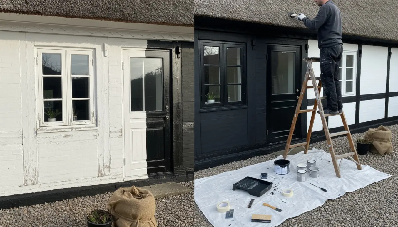 Udvendig malerarbejde på et bondehus, hvor vinduer og vindskeder males fra hvid til sort.
