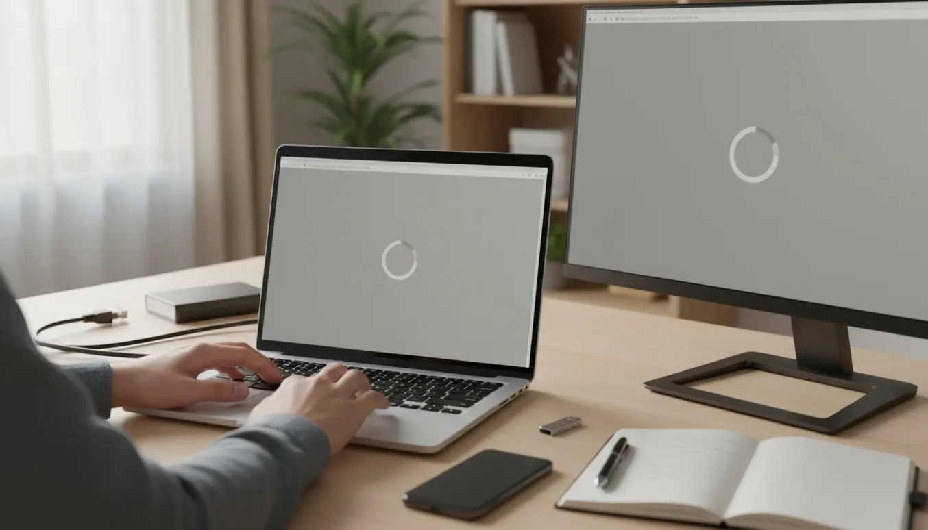 Laptop på skrivebord med et frosset browser-vindue og hænder over tastaturet, omgivet af kabler og udstyr.
