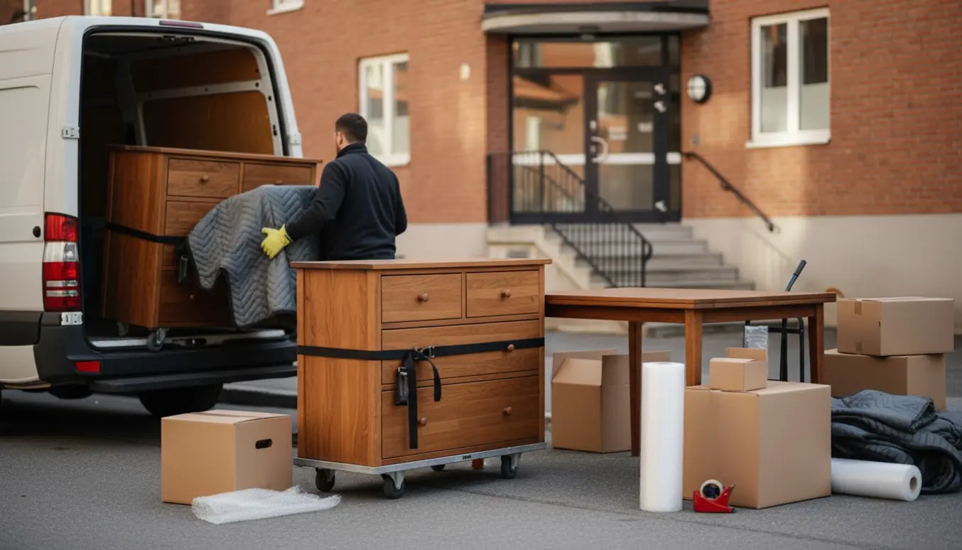 To flyttefolk læsser to kommoder og et bord ind i en flyttevogn foran en lejlighedsbygning.