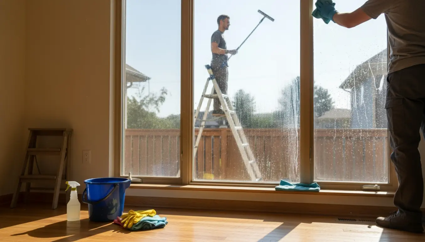 En person pudser vinduet indvendigt, mens en anden pudser udefra fra en stige, uden tydelige ansigter.