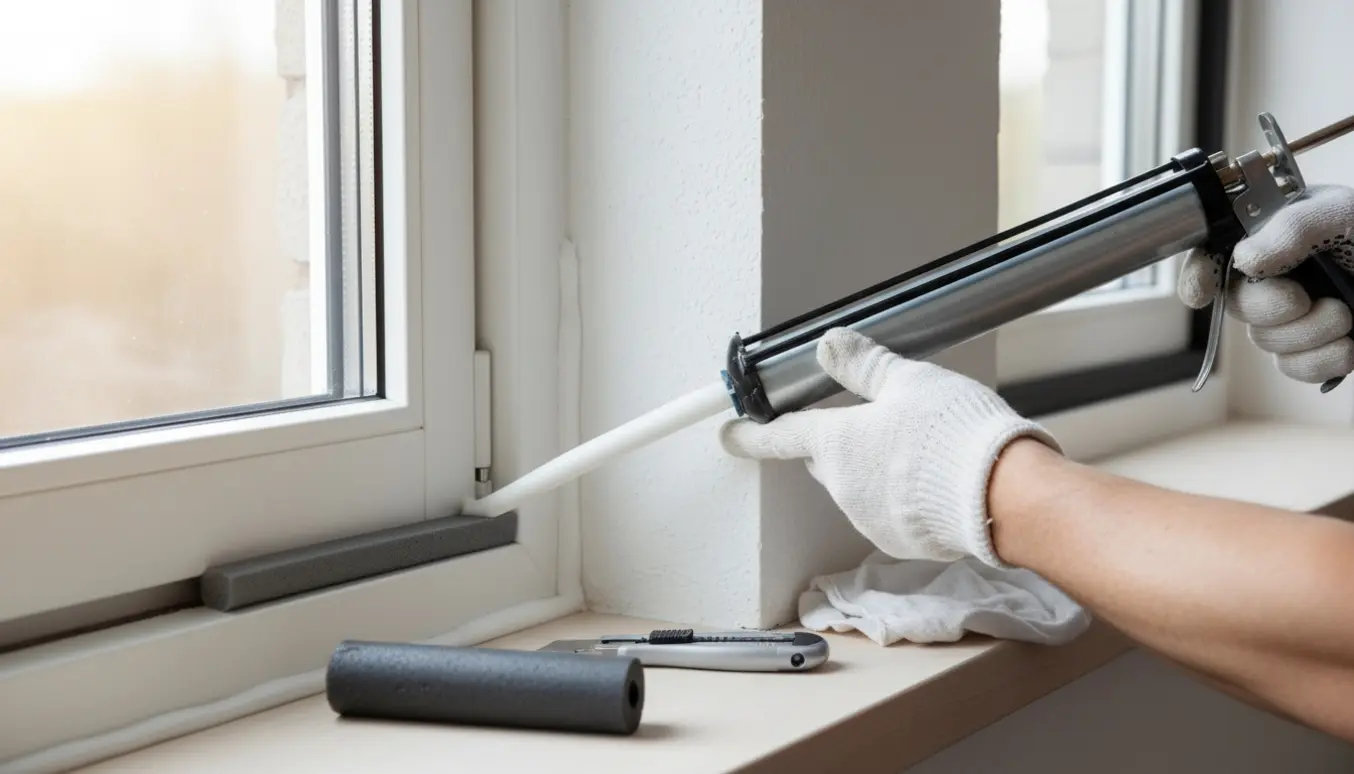 Nærbillede af hænder, der fuge et vindue med fugepistol, fugebagstop og fugebånd på en indvendig vindueskarm.