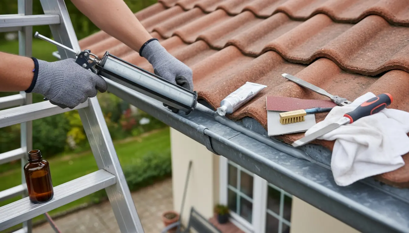 Hænder tætner en utæt zinktagrende med fugepistol fra en stige ved 1. sal.