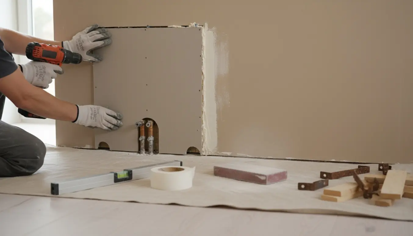 Gipsplade på ca. 1x1 m monteres i en vægfordybning omkring to fremspringende rør med værktøj og fjernet ramme ved siden af.