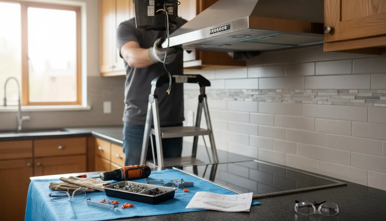 En ny rustfri emhætte installeres i et moderne køkken, mens den gamle delvist er fjernet og værktøj ligger klart.