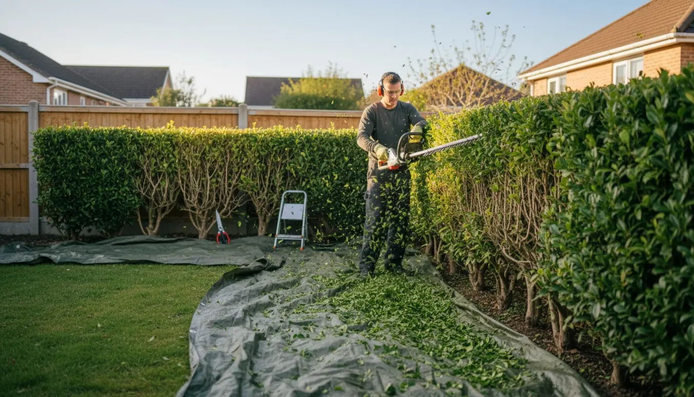 En gartner klipper toppen af en lang hjørnehæk med en løvtrimmer, mens friske afklip samles ved hækkens bund.