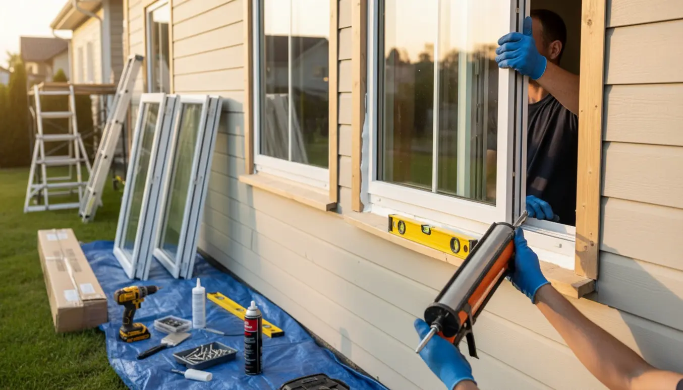 Nye vinduer installeres og fugearbejde udføres på en husfacade med værktøj i forgrunden.