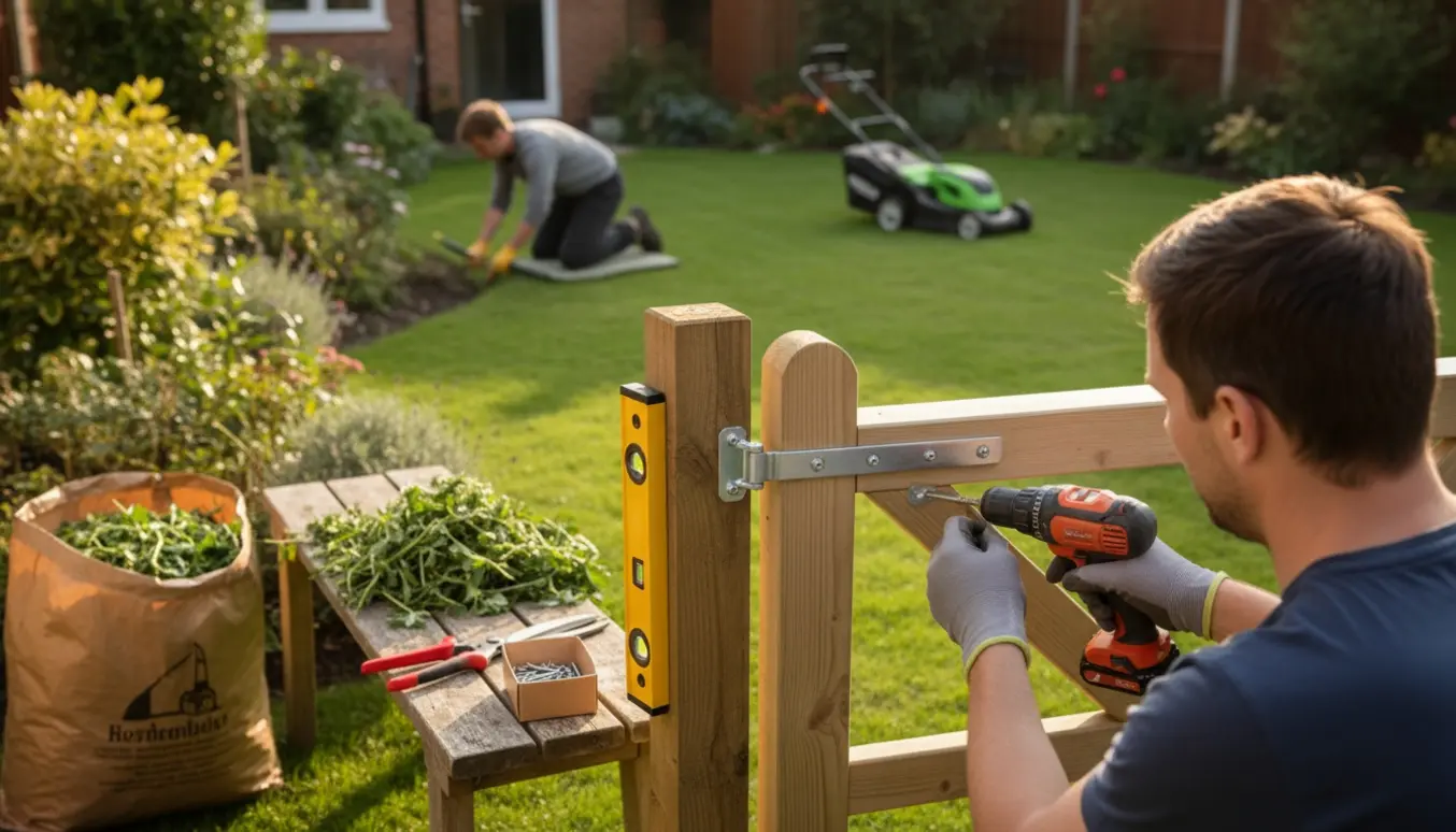 Montering af træ-havelåge i en have med beskårede buske, haveredskaber og en person set uden ansigt.