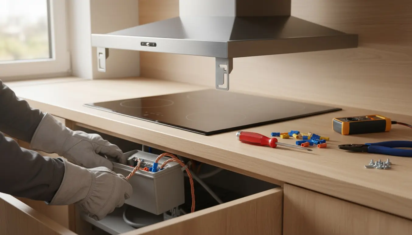 Hænder i isolerede handsker forbinder blottede ledninger i en vandtæt el-boks under en delvist monteret kogeplade i et lyst køkken.