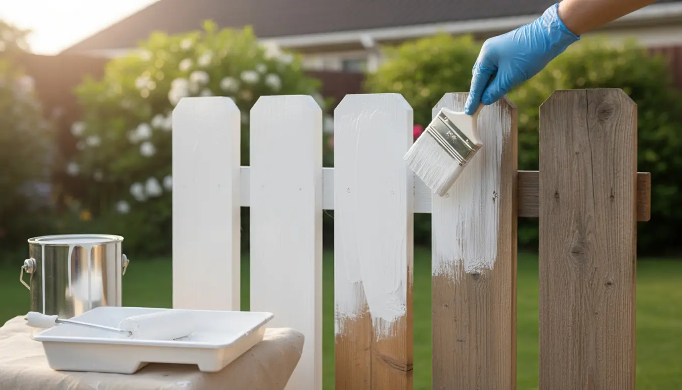 Nærbillede af maling af fire små træstakit, to nymalet hvide, med pensel, malerbøtte og afdækningsklud i en solbeskinnet have.