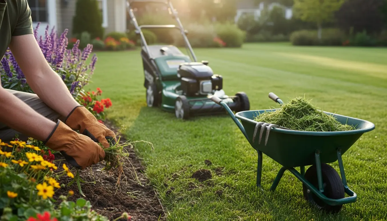 Nærbillede af en have med nyslået plæne i striber og handskerede hænder, der trækker ukrudt ved kanten.