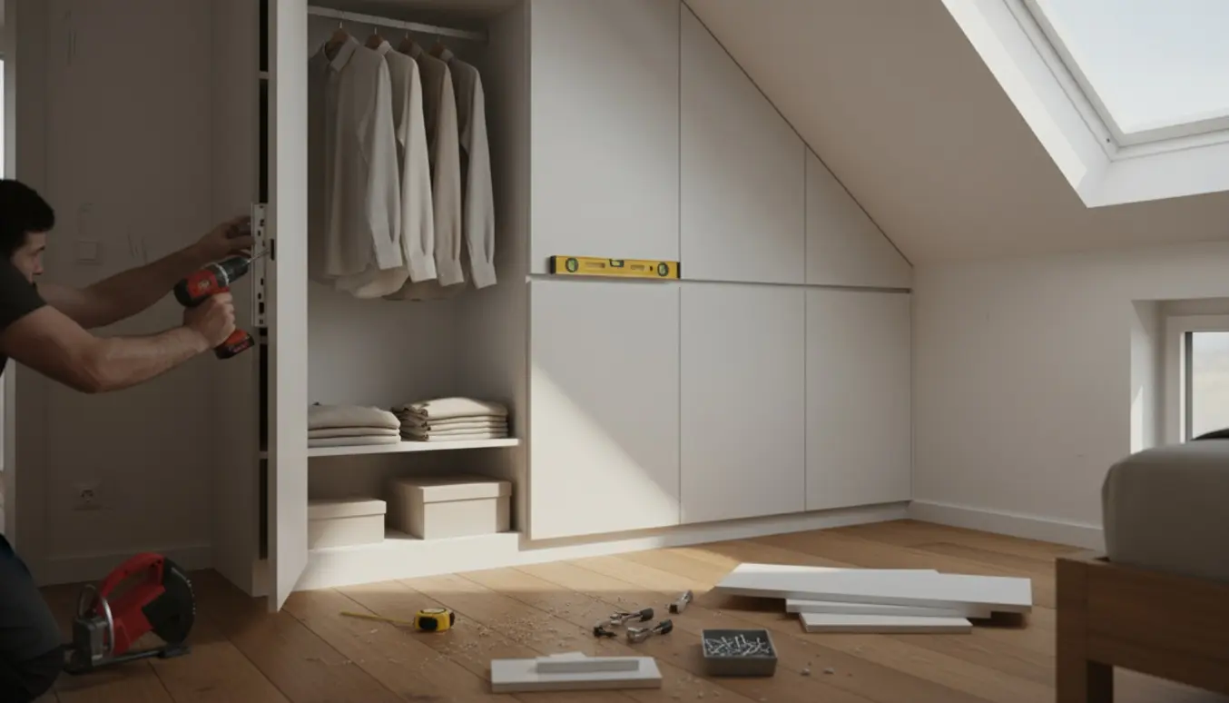 Tilpasset skab monteres under skrå vægge i et lyst værelse, håndværkerens hænder med værktøj i fokus.