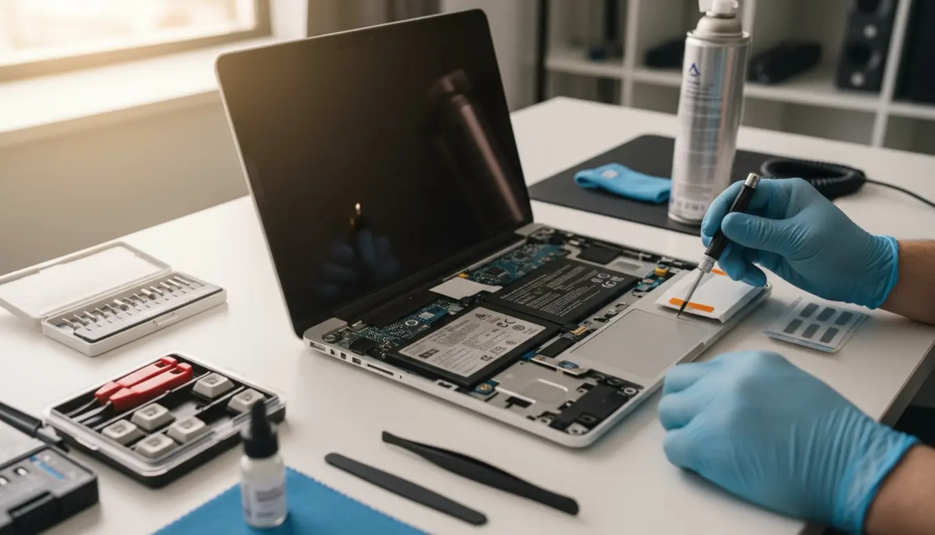Åben MacBook Air på et rent reparationsbord med værktøj og hænder, der udskifter batteri og reparerer taster.