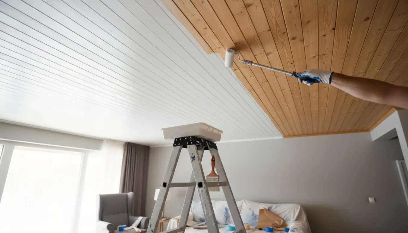 Halvmalet profilbræddeloft i en stue med maleredskaber og afdækning i fokus.