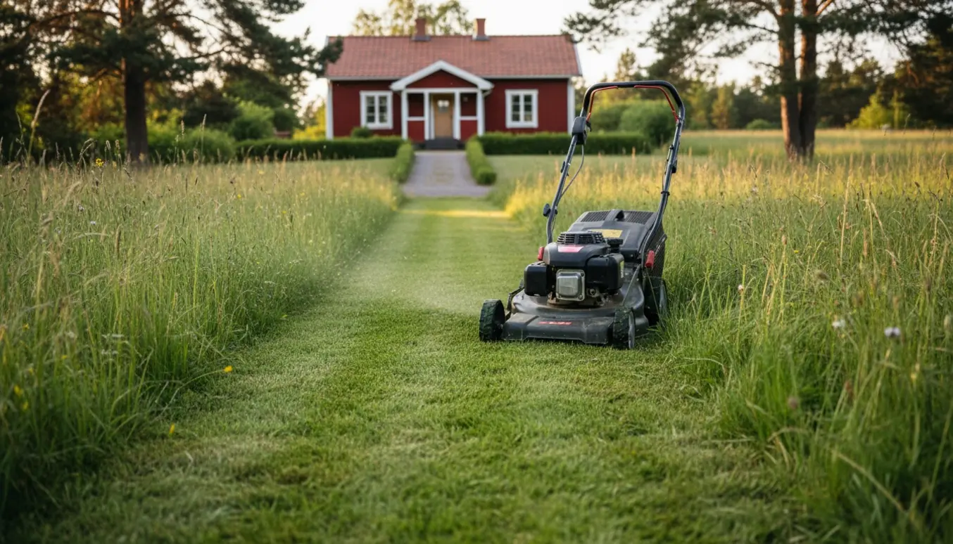 En græsslåmaskine skærer en tydelig stribe gennem uplejet sommerhusgræs, mens sommerhuset ses sløret i baggrunden.