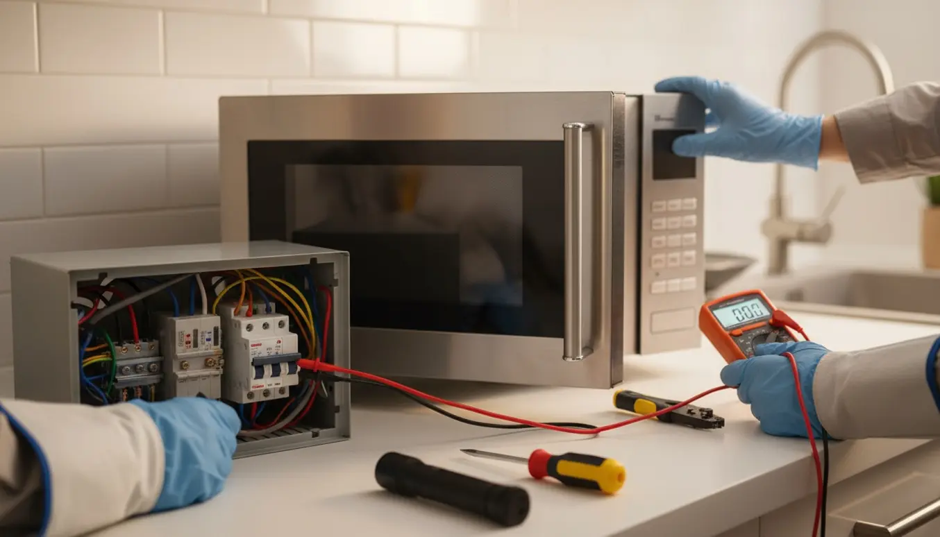 Elektriker tester HFI-relæ i åben eltavle, mens mikrobølgeovn lukkes i et køkken.