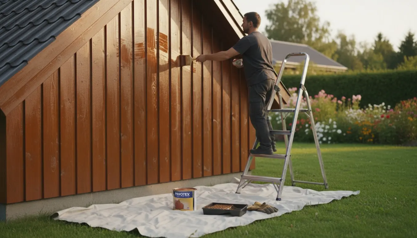 Gavlen på et etplanshus bejdset med pensel fra en person på stige, med åben bøtte træbeskyttelse i forgrunden.