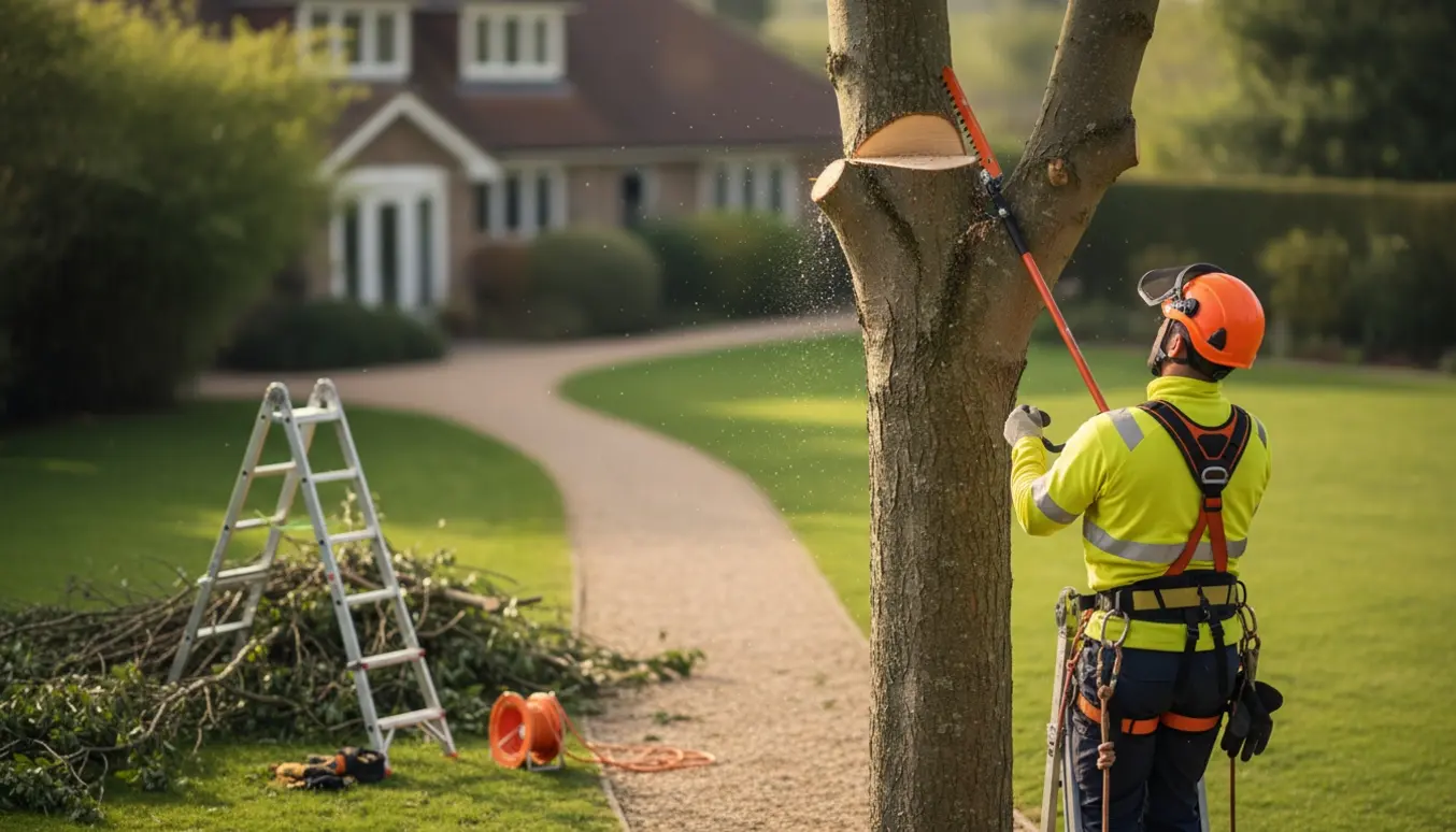 Professionel fjerner toppen af et højt træ med motorsav mens afklippede grene ligger samlet ved en lang indkørsel.