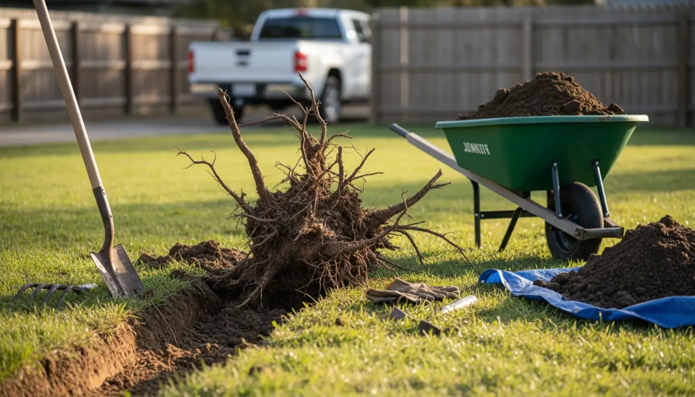 Opgravet havejord med en trillebør fyldt jord og en delvist opgravet rod i forgrunden.