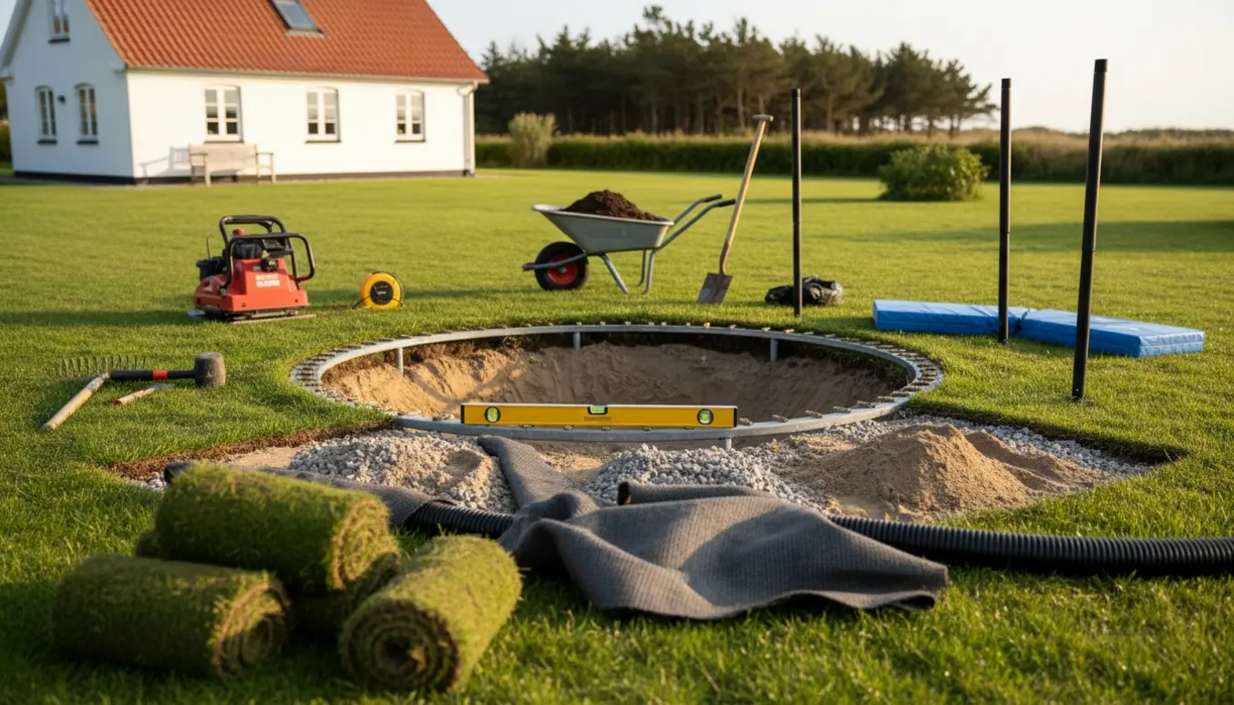 Nedgravet trampolin under installation i en dansk have ved Gilleleje med værktøj og rullede græstørv.
