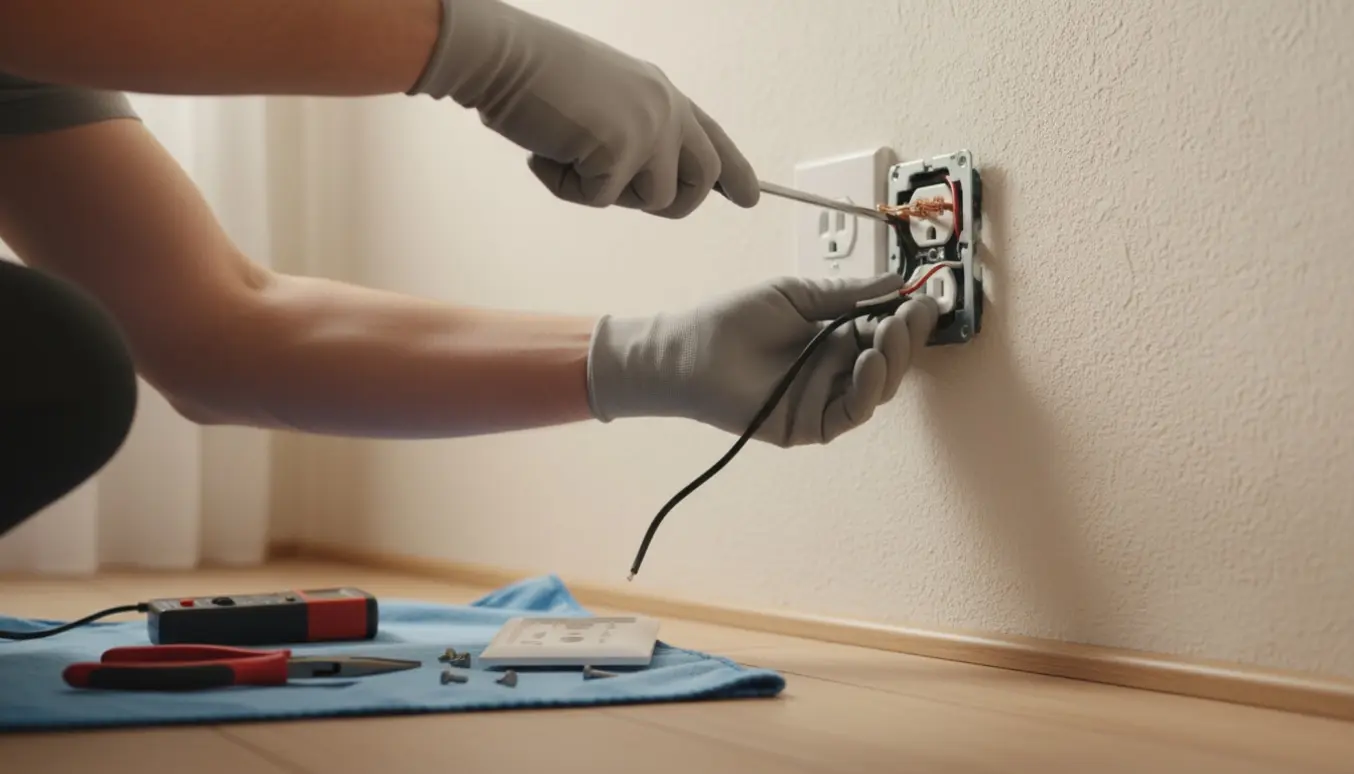Nærbillede af hænder, der strammer en løs stikkontakt med en isoleret skruetrækker i et lyst hjem.