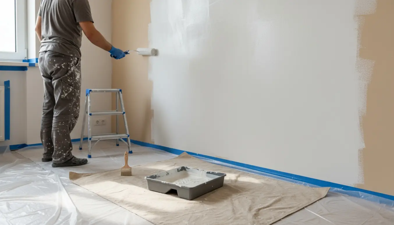 Lille værelse delvist malet hvidt med malerrulle, malerbøtte og beskyttelsesdug.