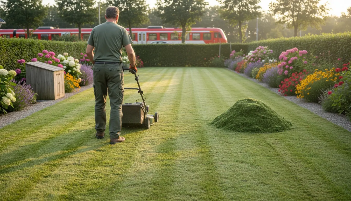 En person slår græs i en forstadshave i Hørsholm om formiddagen, med græsklip samlet i en bunke i hjørnet.