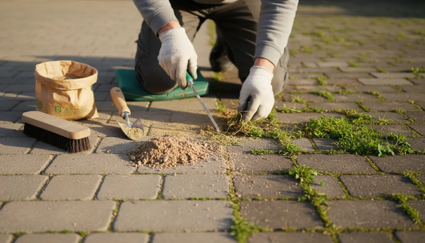 Nærbillede af hænder, der fjerner ukrudt og græs mellem små herregårdsfliser i en indkørsel med redskaber og en bunke afrevet ukrudt.