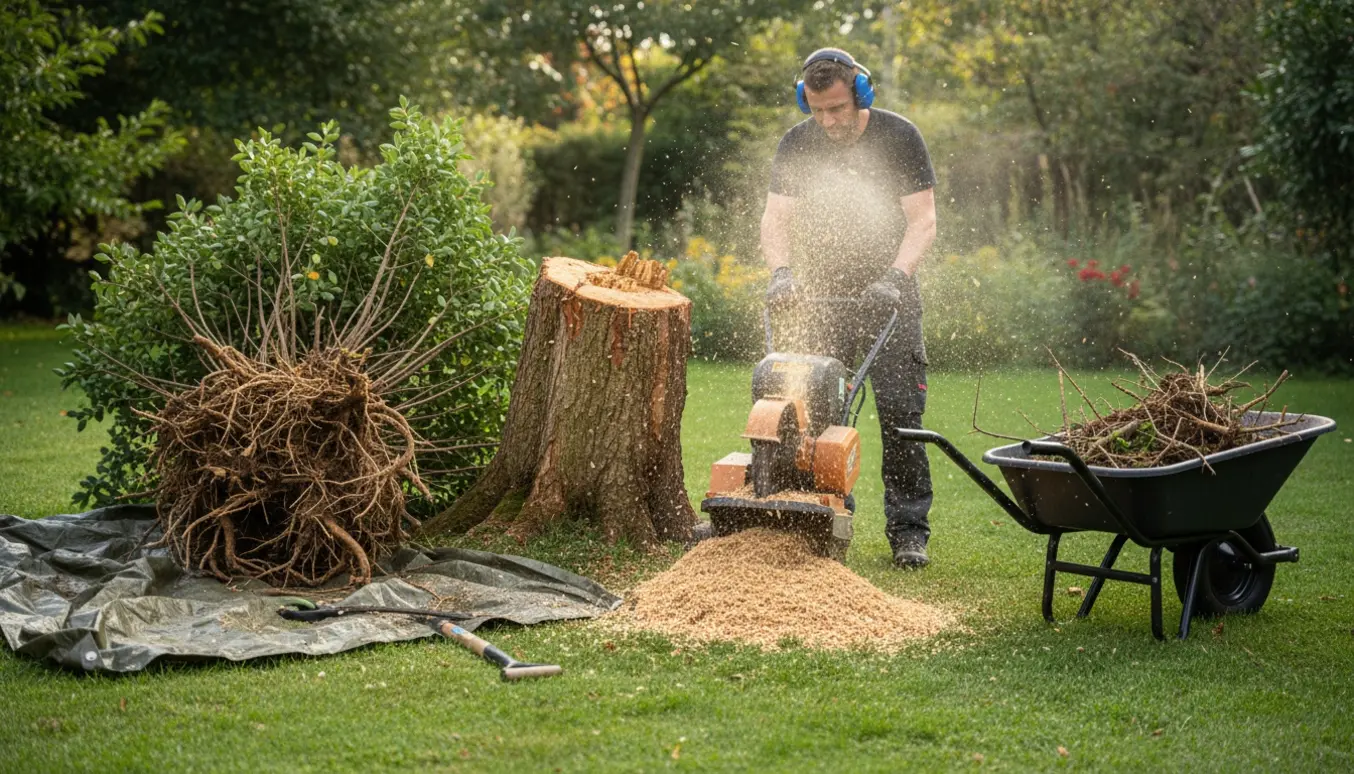 En stubbefræser fjerner en stor nøddebusks rodstød i en have omgivet af træflis og haveredskaber.